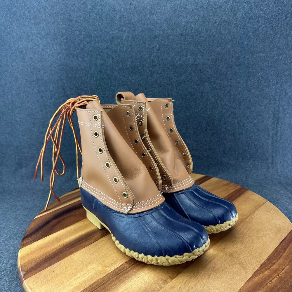 LL Bean Womens 6M Boots Duck 8" Leather Waterproof Rain Brown Blue USA 212880 - Picture 2 of 9
